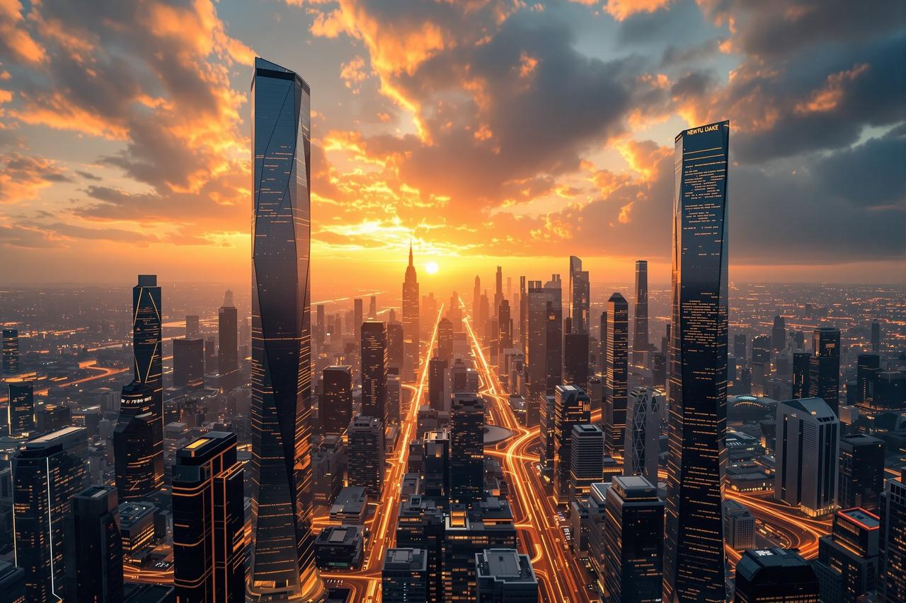 魅影视频 - 温暖色调的未来城市黄昏景观,象征影视世界的无限可能